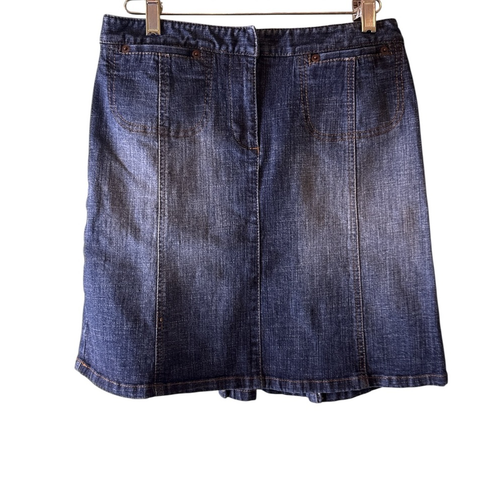 Loft Distressed Denim Blue Skirt Sz 2P Front Pockets Pleated Back Aline